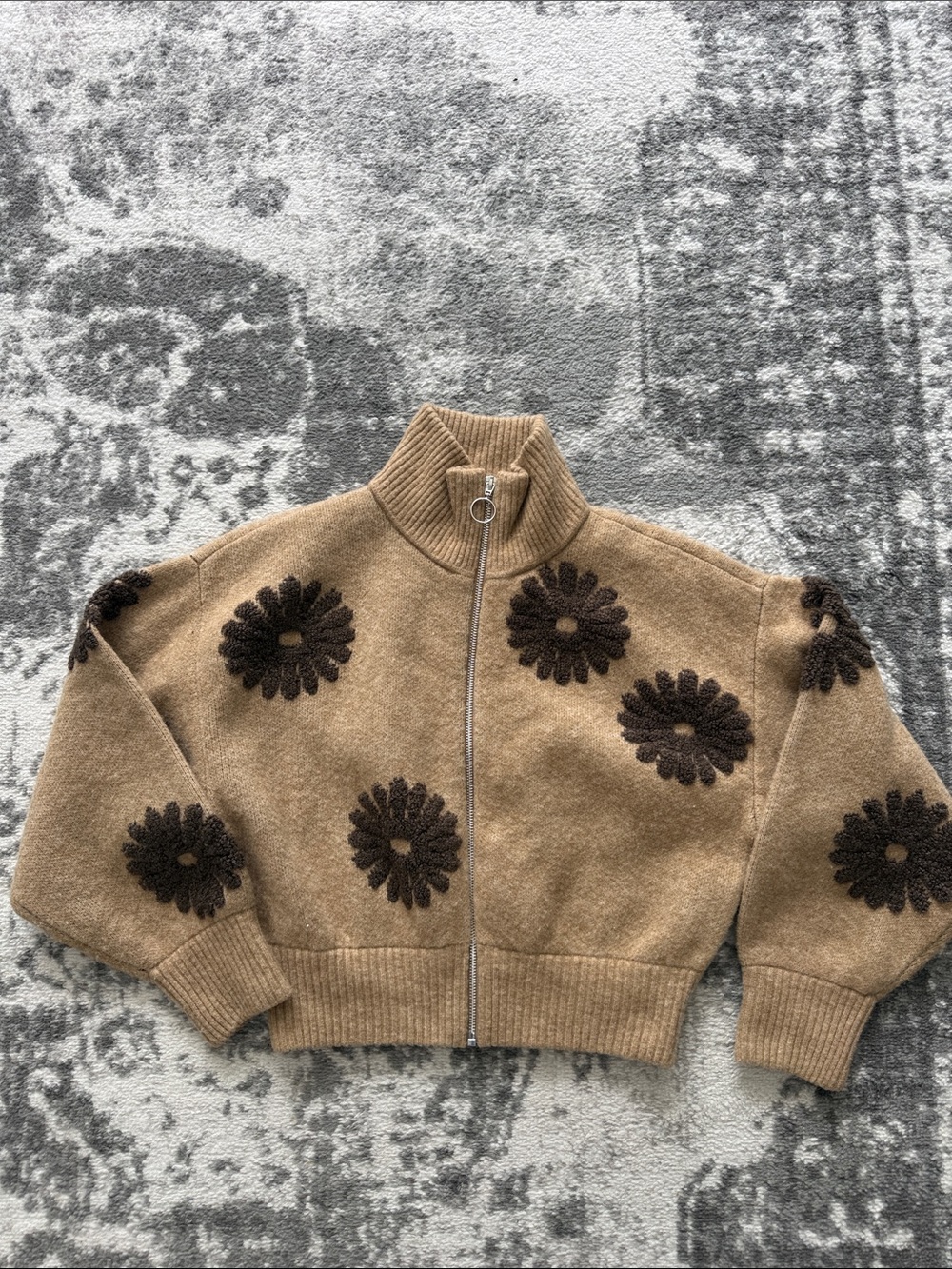Sandro Camel Zip-Up Cardigan with Dark Brown Floral Motif